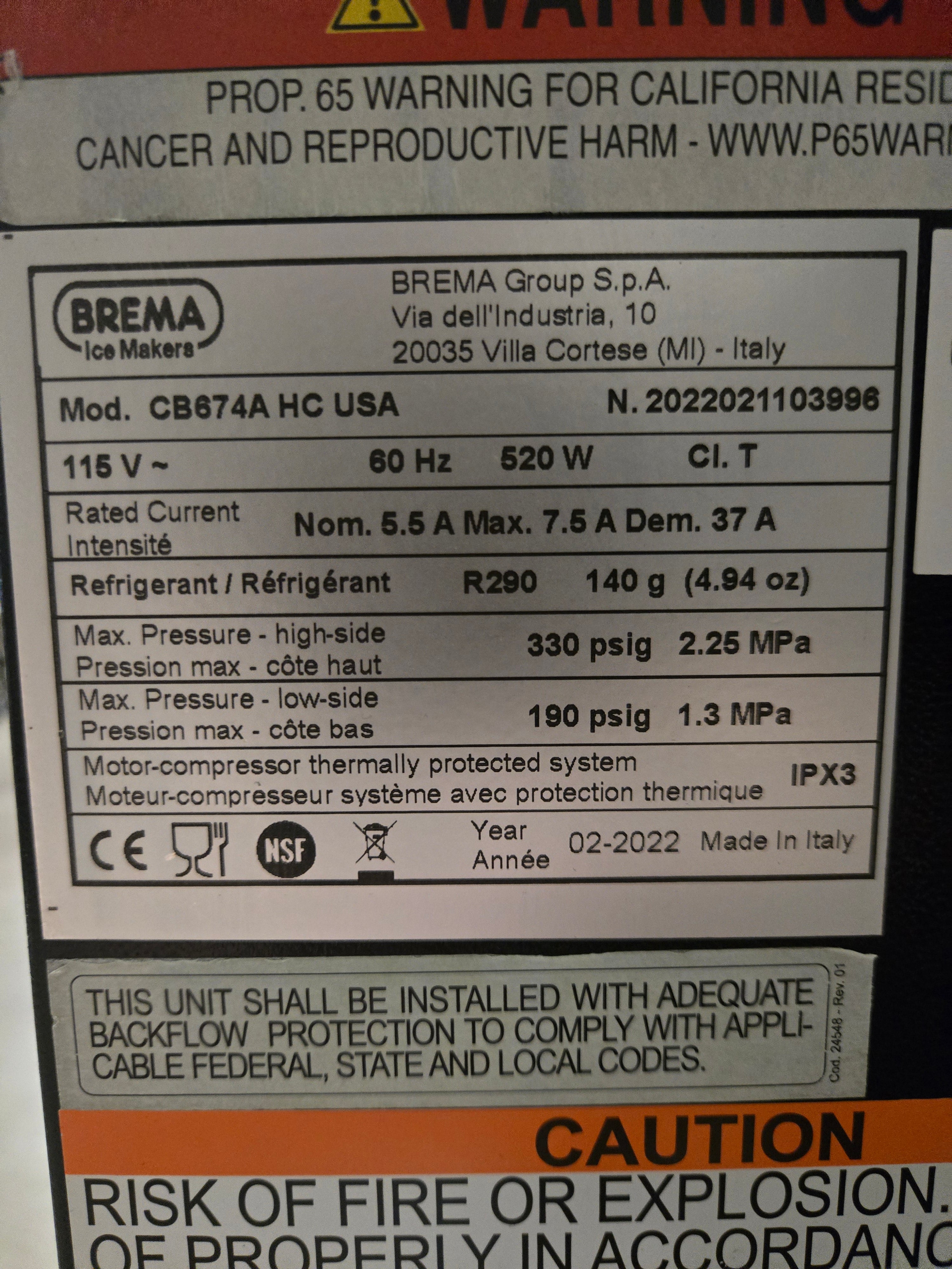 Brema Ice Maker CB674A HC USA