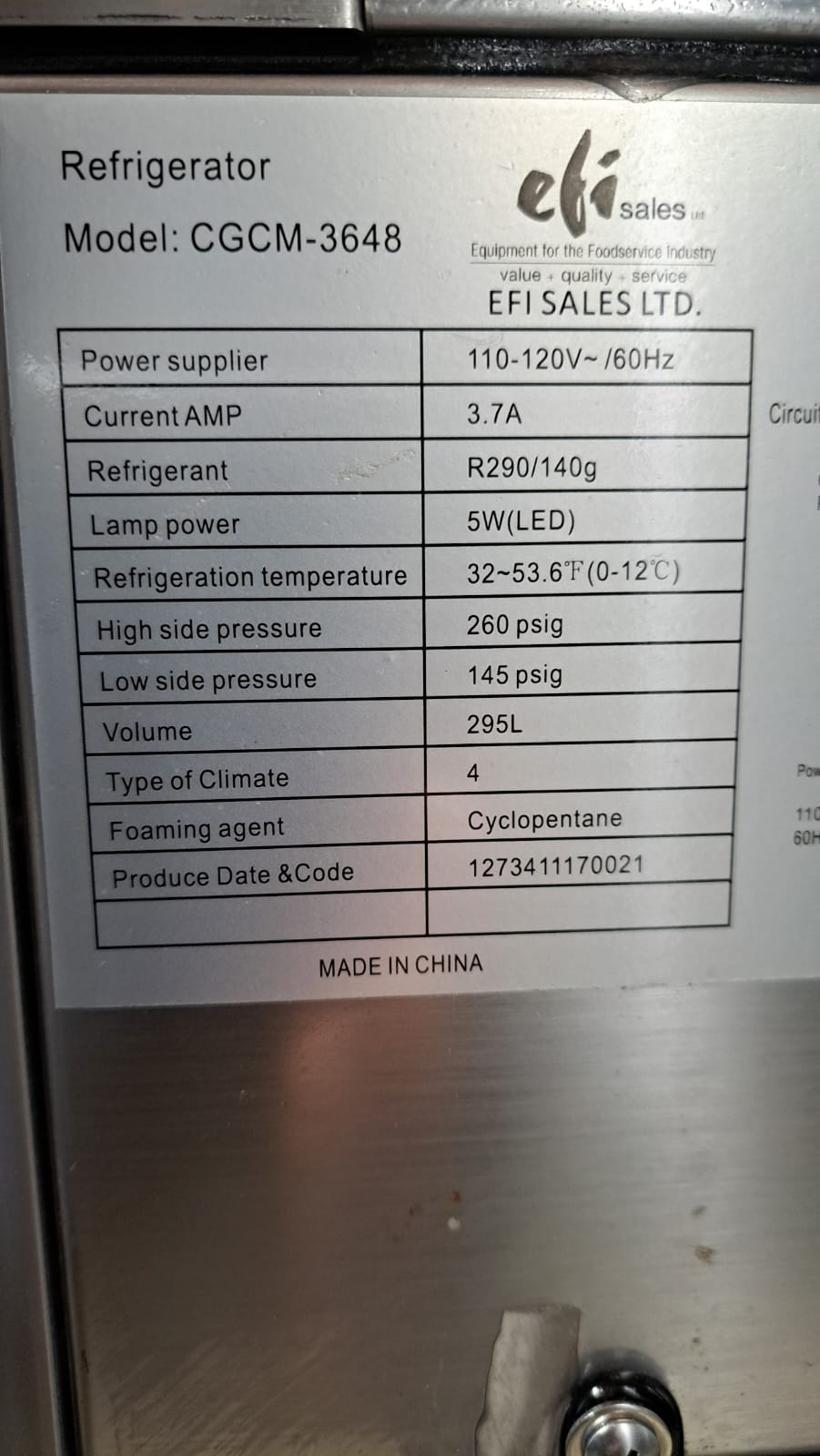 EFI CGCM-3648 Refrigerated Display Case