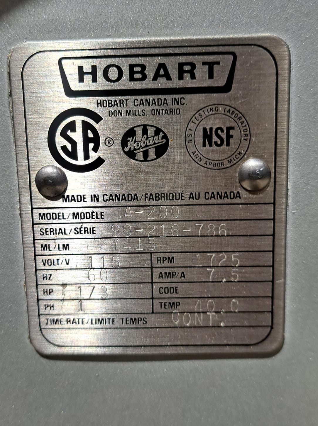 Hobart A200 20 Qt mixer