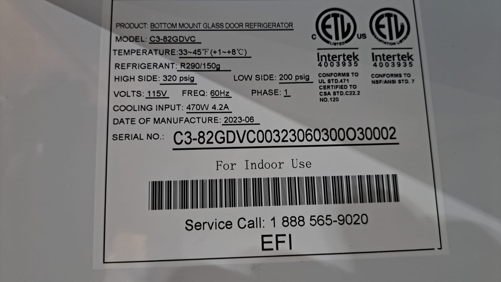 EFI C3-82GDVC Refrigerated Merchandiser