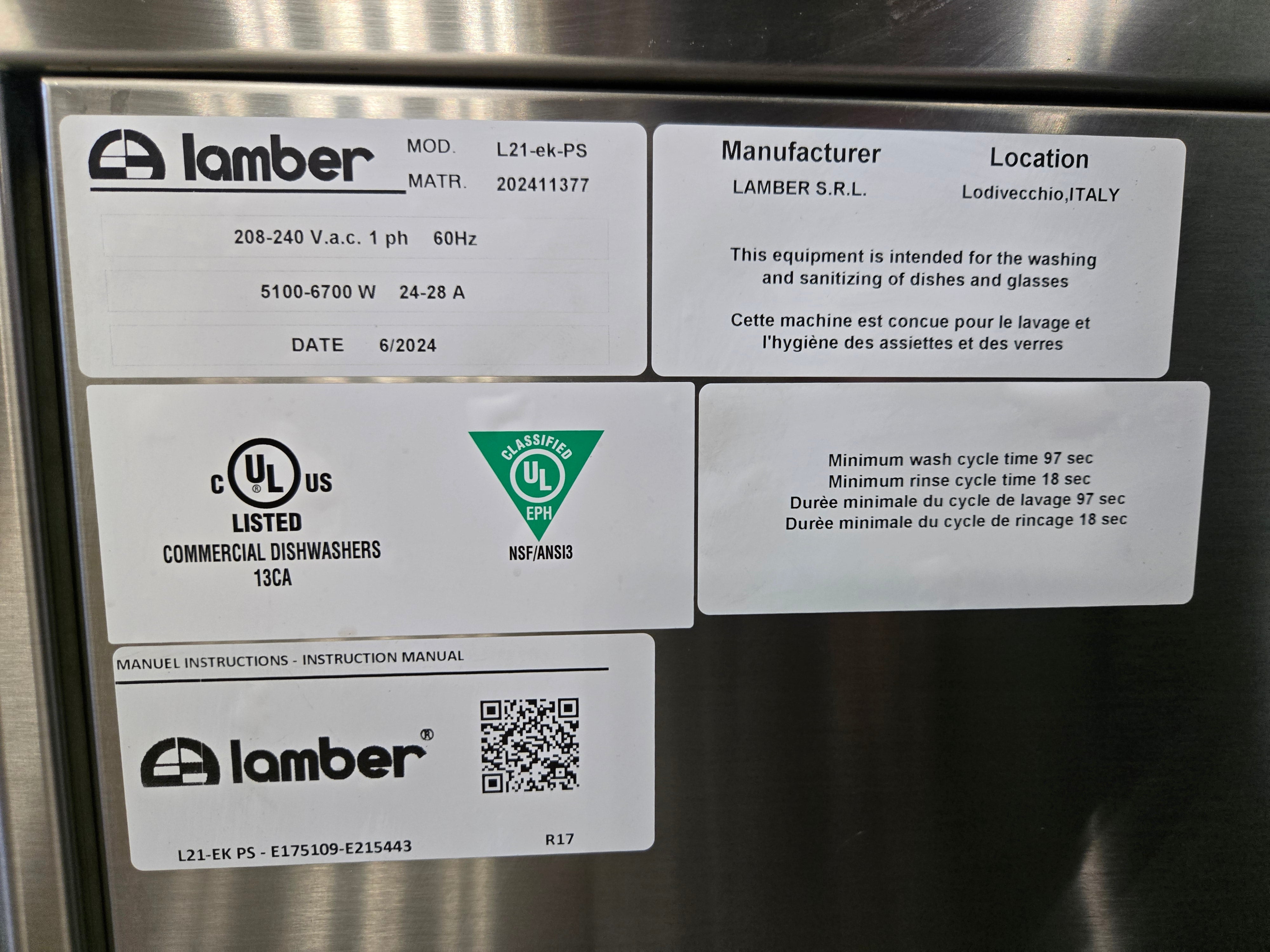 Lamber L21-ek-PS Pass Through Dishwasher