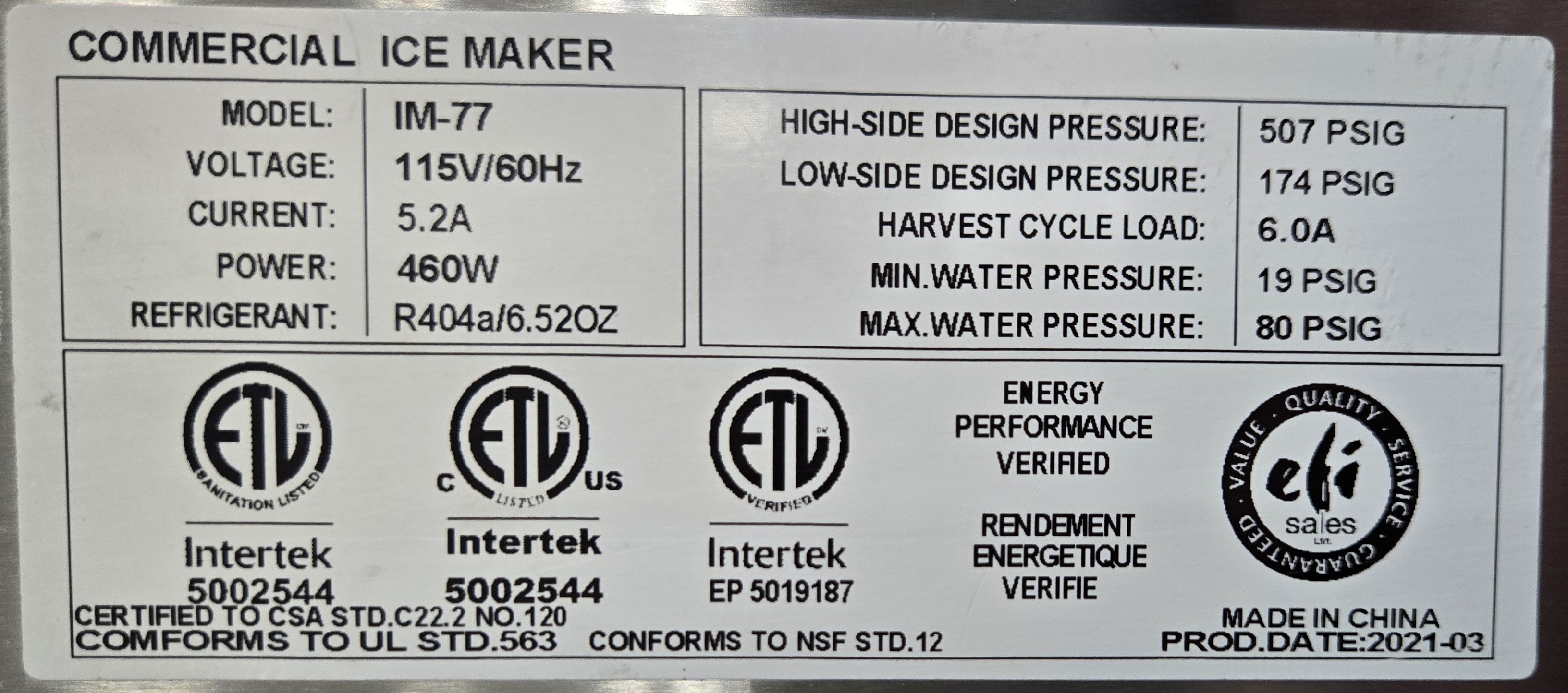 EFI IM-77 Ice Maker