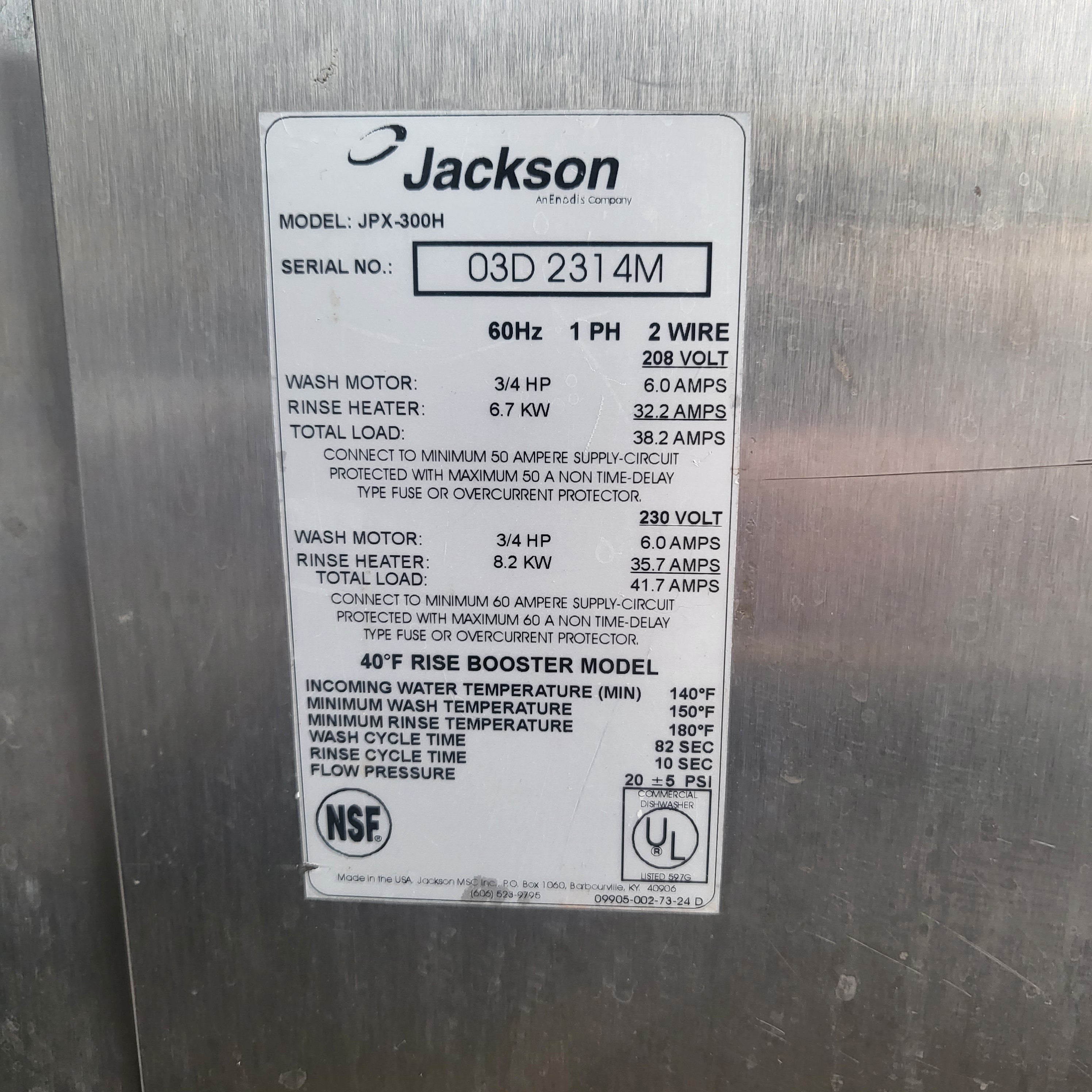 Jackson JPX-300H Undercounter Dishwasher